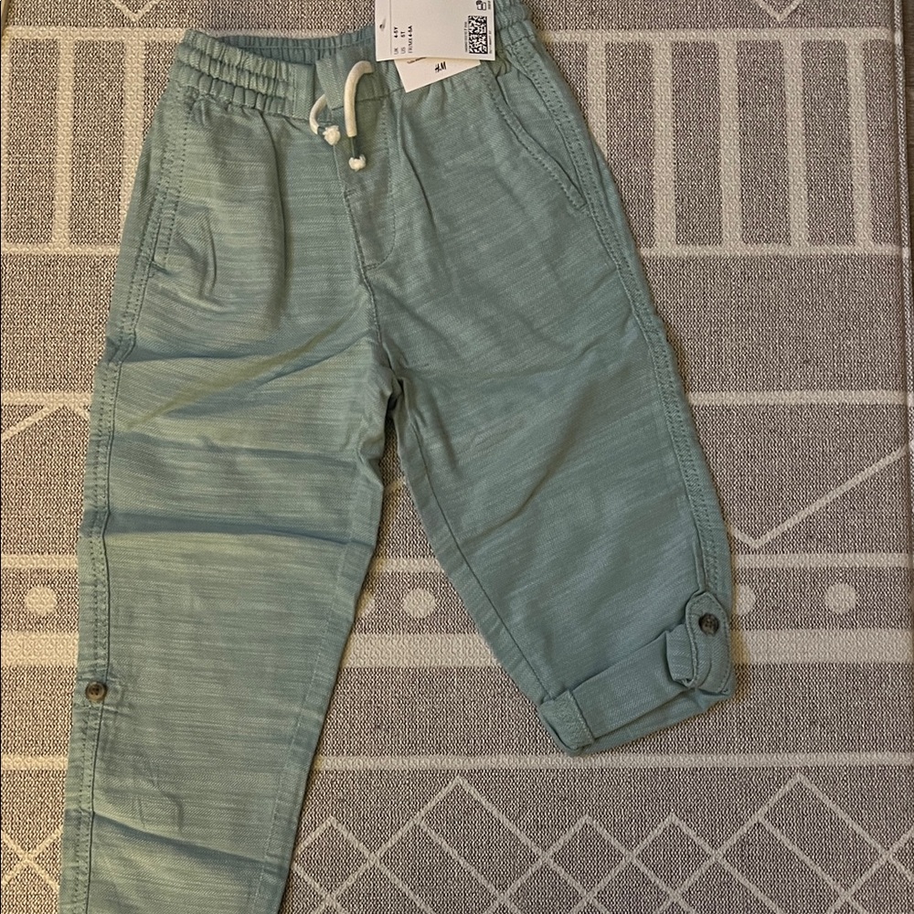 NWT H&M boys pull up drawstring roll up Teal trouser pants 4T